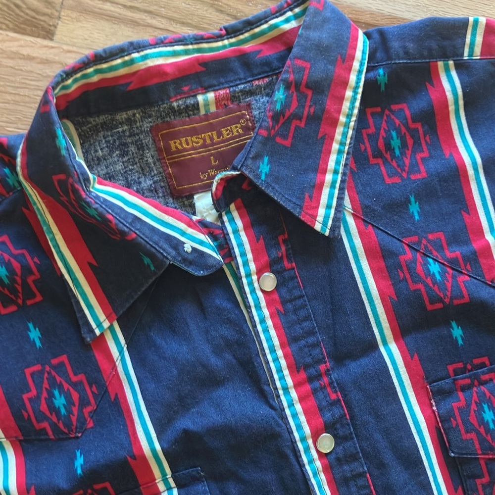 Vintage Large Rustler by Wrangler Southwestern Pearl Snap Long Sleeve Cowboy